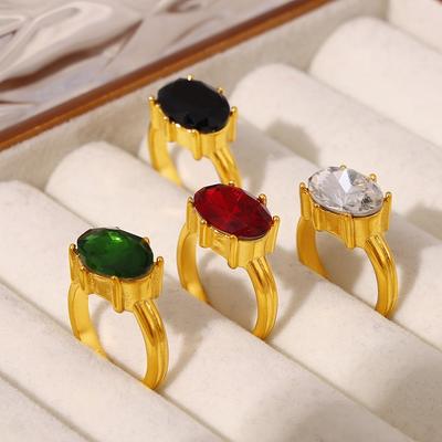 Court Oval Glass Stone Ring Luxury Temperament Titanium Steel Plated 18K Real Gold Hand Jewelry Women