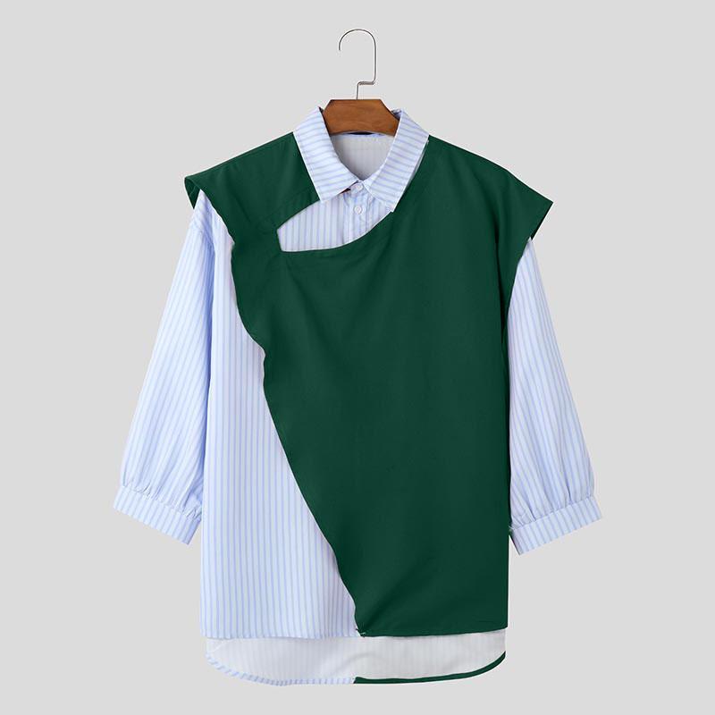

INCERUN Men Spring Lapel Neck Long Sleeve Fake Two-piece Striped Patchwork Shirts S зелёный