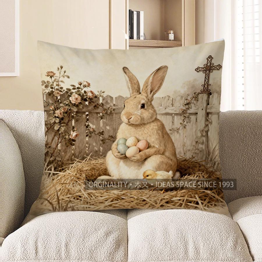 2D Rabbit With Eggs And Cross Easter-Themed Pillow Pattern Cushion Cover Suitable For Sofa Bedroom Car Pillow Cover