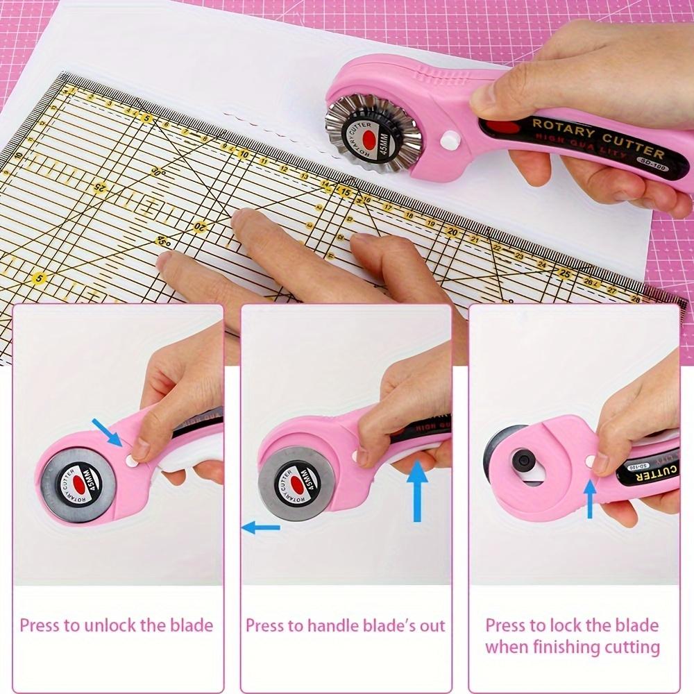 45mm Rotary Cutter Set Round Hob Craft Wheel Cutter Handle Roller with 5 Replacement Blades, Sewing Clip and Fabric Marker Pen
