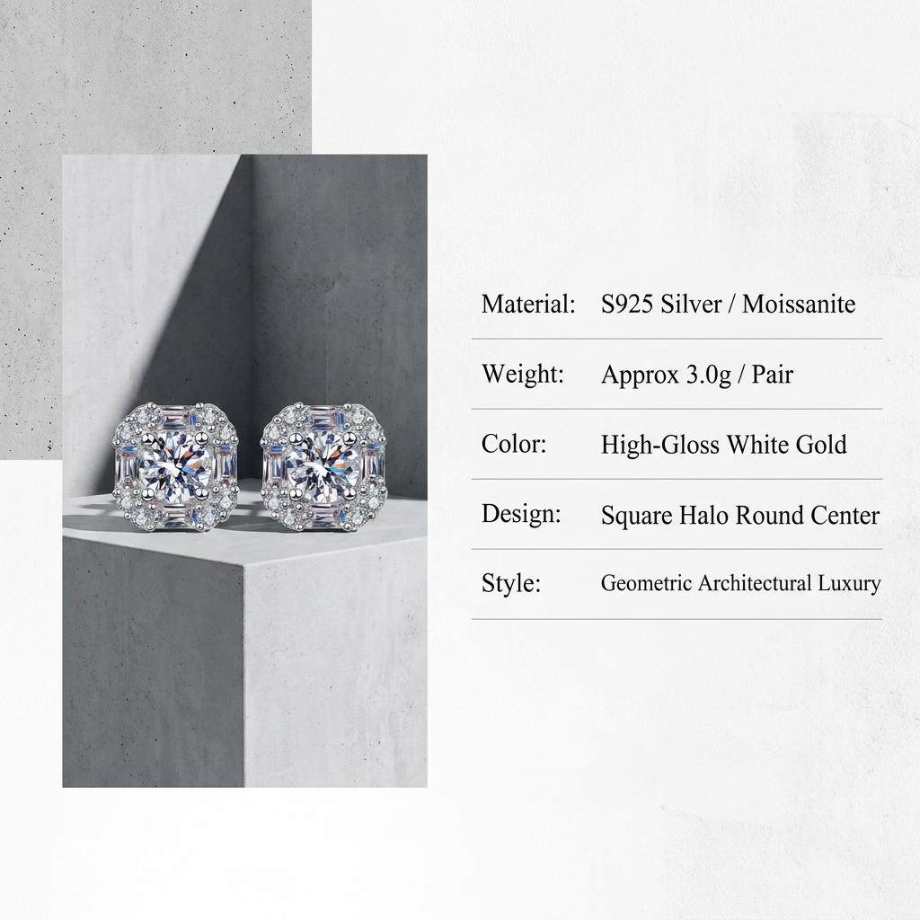 S925 Sterling Silver Platinum Plated Luxury Moissanite Stud Earrings with Square Halo Round Brilliant Cut for Women