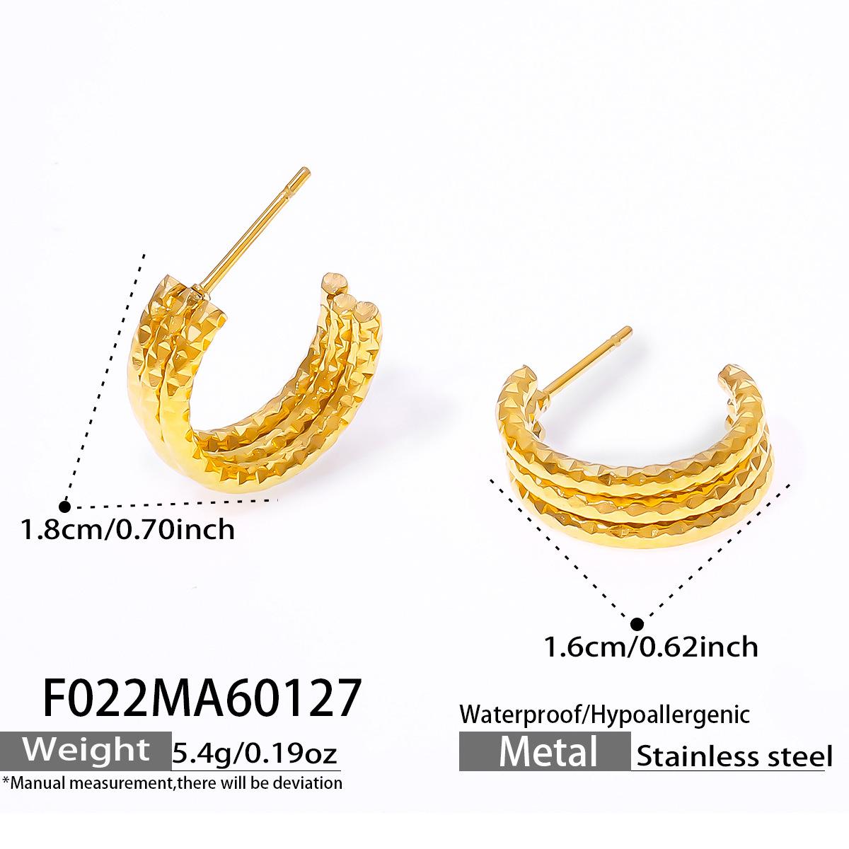 

European Light Luxury Gold-Plated Stainless Steel Textured Earrings: Simple C-Shaped, Three-Layer Design for Women