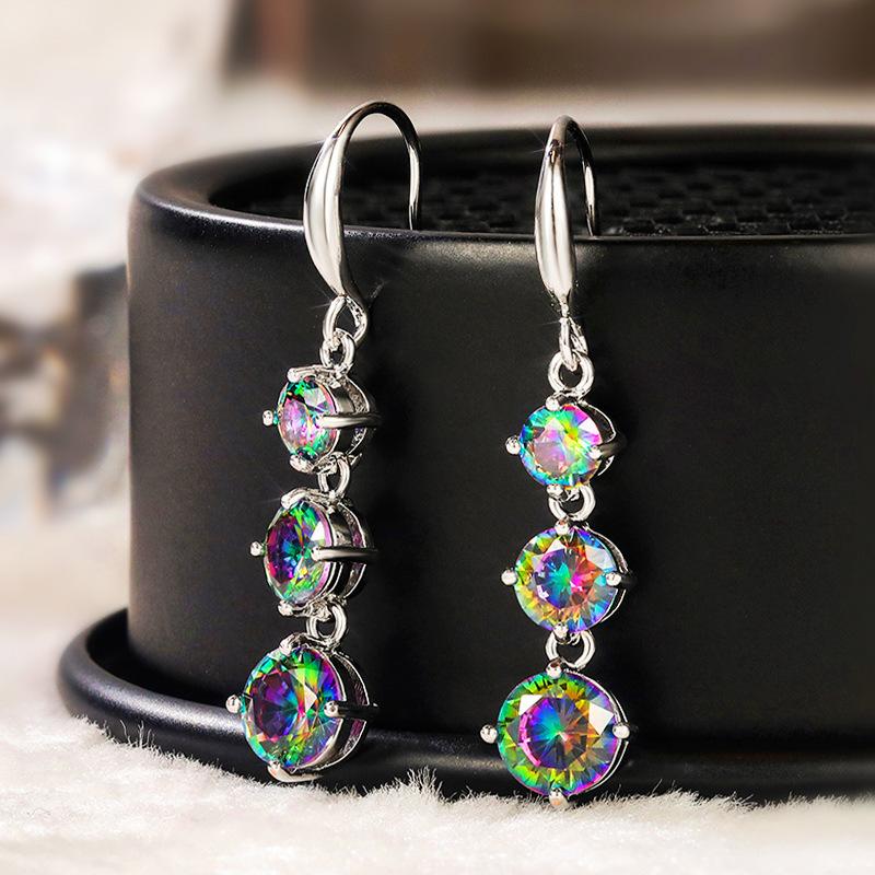 Three Round Rainbow Color Stone Linear Drop Hook Earrings Trendy Women Daily Party Jewelry