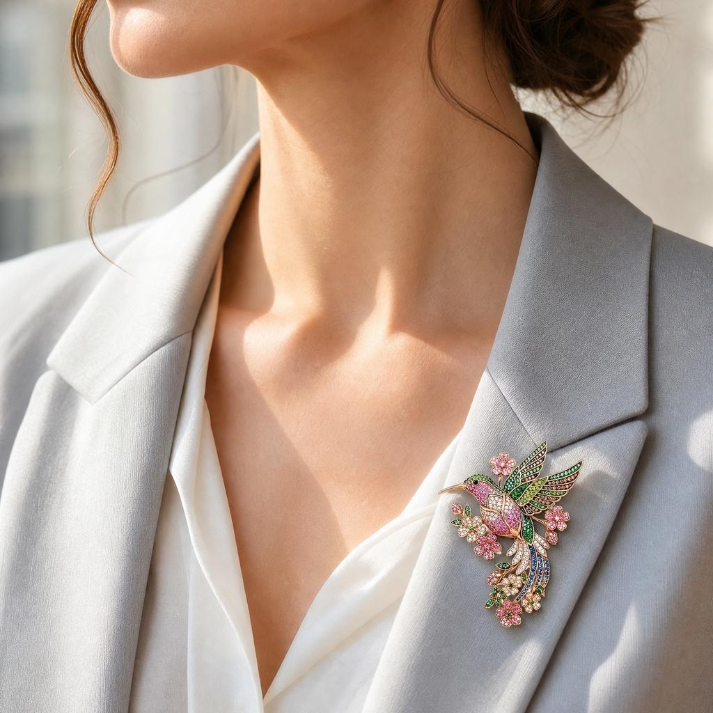 Kolibrie Broche Bloemenontwerp Kristal Versierde Metaallegering Speld Accessoire voor Kleding Tassen en Hoeden Elegante Op de Natuur Geïnspireerde Sieraden
