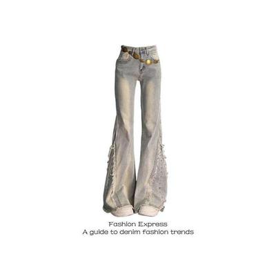 Retro Frayed Patchwork High-Waisted Flare Jeans - Slimming Flared Floor-Length Design
