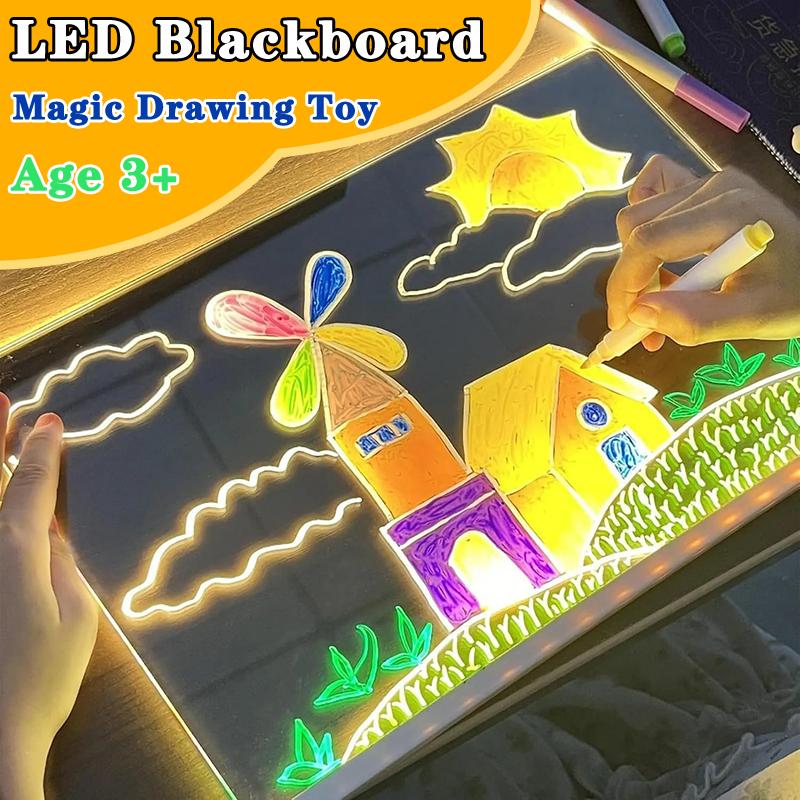 1Pc LED Luminous Blackboard Drawing Toys Magic Light Blackboard Graffiti Coloring Art Lamp Acrylic Message Board Montessori Kids Toy