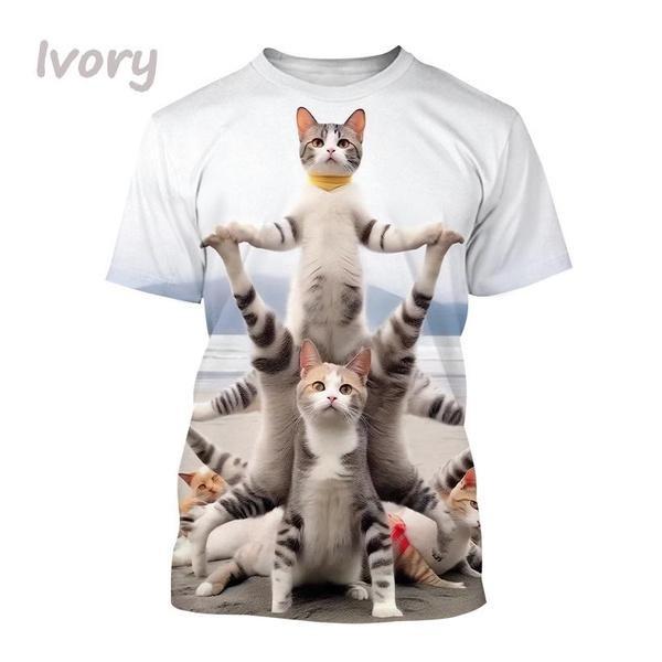 Funny Cute Cat 3D Printing T-Shirt Animal Creative Personality Interesting Street Round Neck Short Sleeve Tees Tops