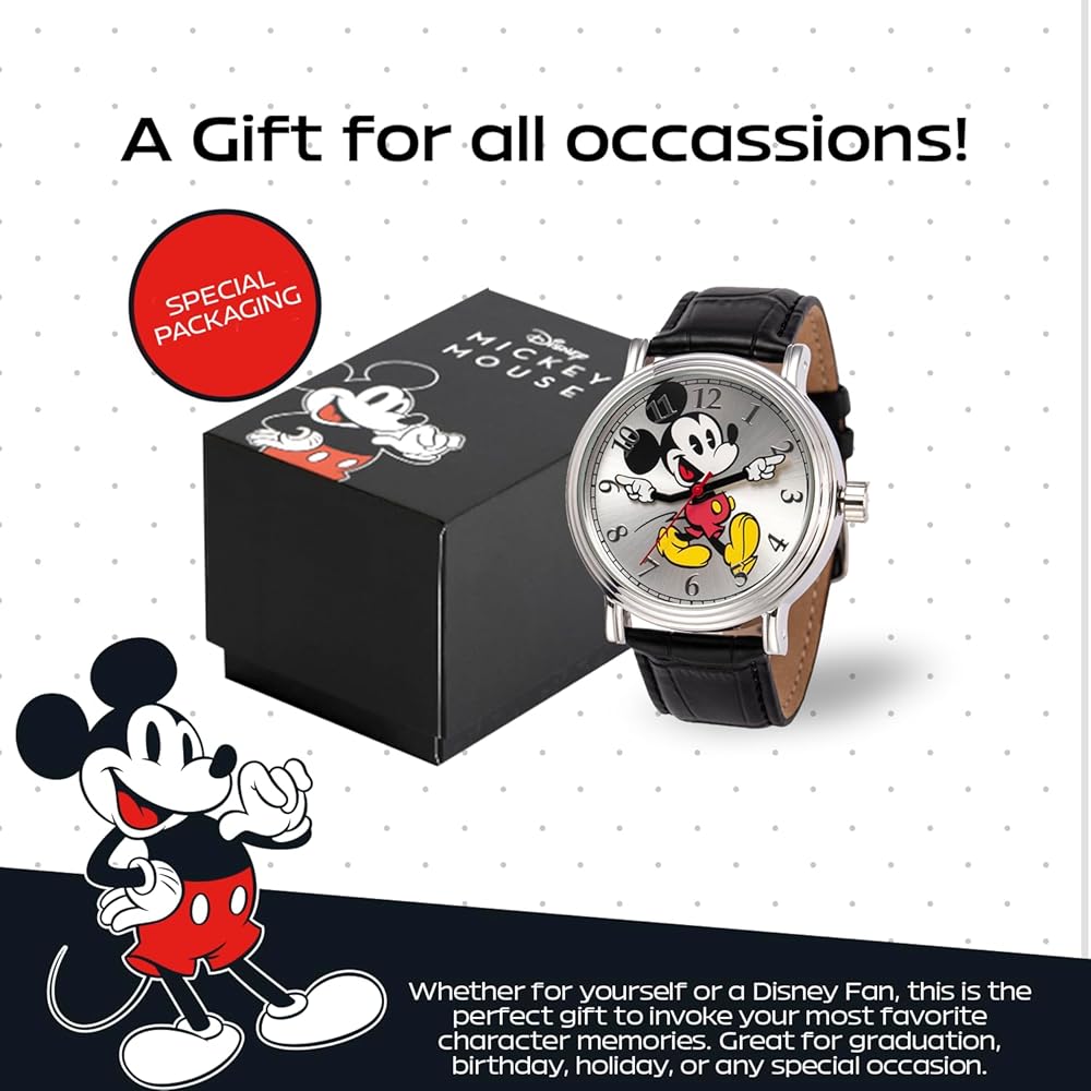 Disney Mickey Mouse Silver Tone Watch with Black Band Men's Fashion Accessory
