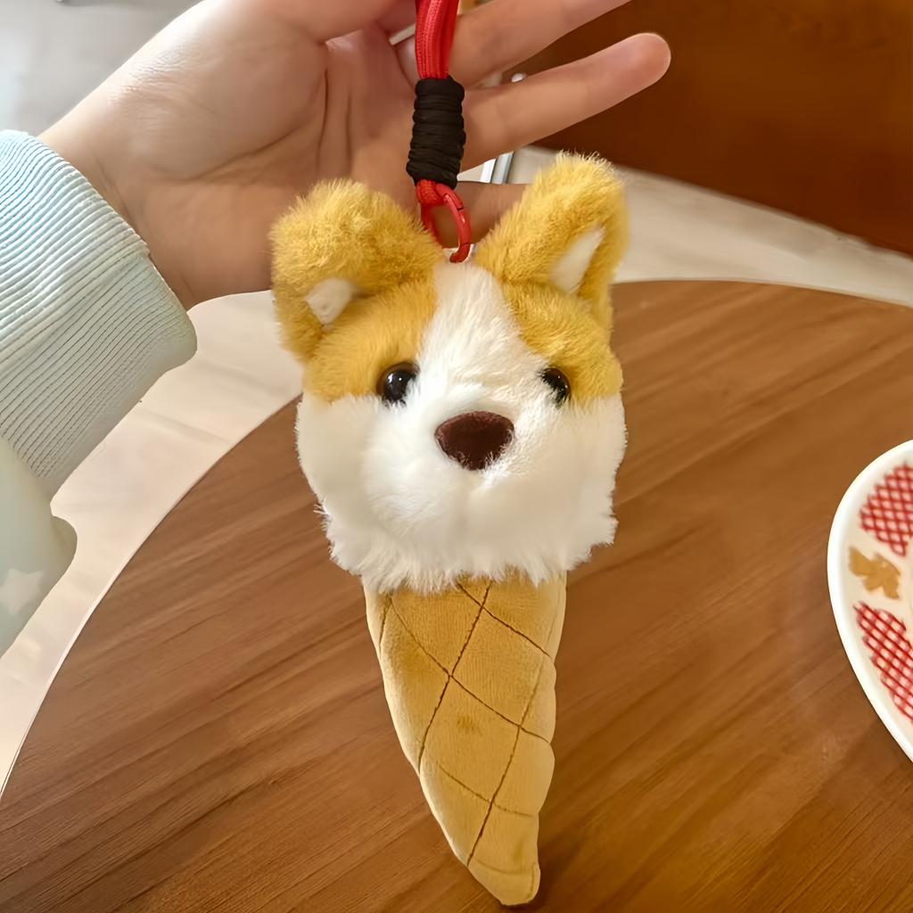 Corgi Plush Pendant Ice Cream Cone Stuffed Keychain Kawaii Backpack Pendant Car Key Holder Decor Toys Creative Birthday Gifts