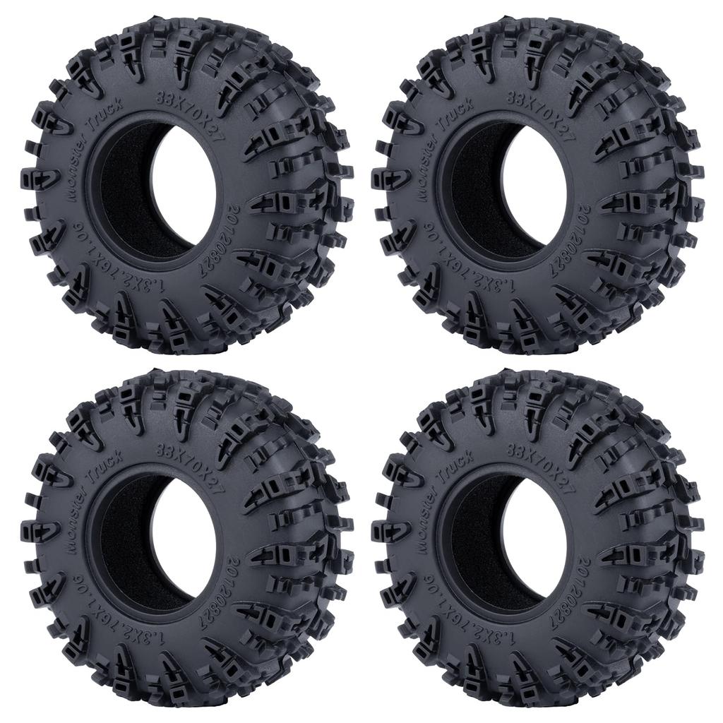 RCMAZO 4-Piece 1.3" Beadlock Wheel and Tire Set, 70mm Rubber Crawler Tires and 1.3" Aluminum Beadlock Wheel Hubs for 118 TRX4M, 124 SCX24, and FCX24