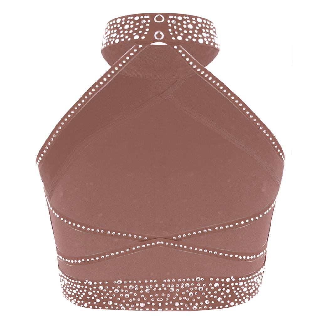 Mädchen Halter Neck Tanz Top Glitzernde Strasssteine Weste Ärmellos Rückenfrei Kreuzrücken Design Bühnen Top