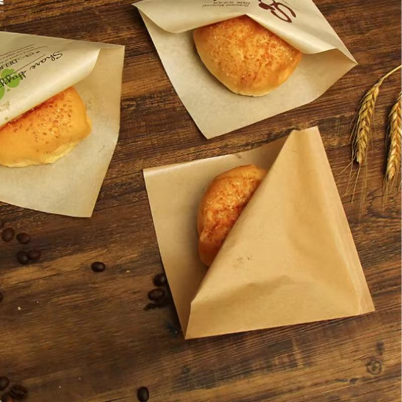 50Pcs/Lot Kraft Bakery Bags Kraft Paper Sandwich Paper Wrap Disposable Food Packing Paper Triangle Shape Oil-Proof Doughnut