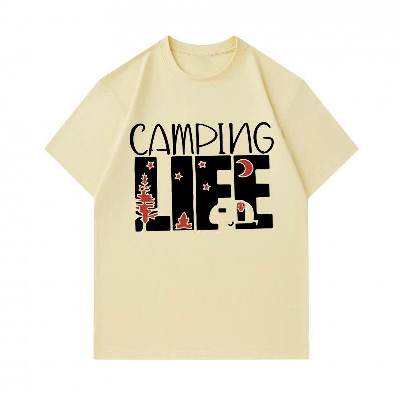 Men's 100% Cotton O-neck Short Sleeve T-shirt, Casual Camping Life Printed Top with Pine Tree Moon Star Camper Pattern for Daily Outdoor Wear