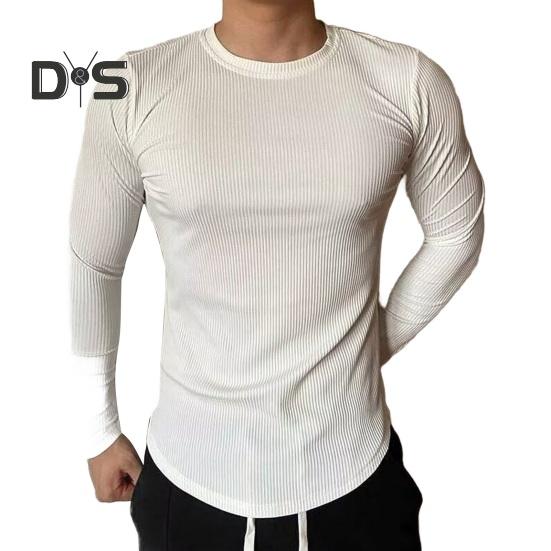 Men Sport Top Slim Fit High Elasticity Striped Texture Round Neck Quick-drying Long Sleeves Slim Fit Compression Figure Shaping Gym Running