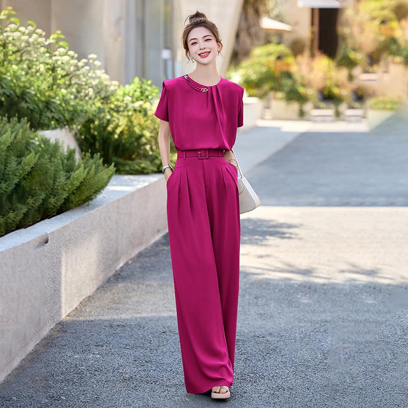 Royal Sister Fan Fashion Suit Women's  New Design Short-sleeved Shirt Drape Wide-leg Pants Two-piece Set Trendy