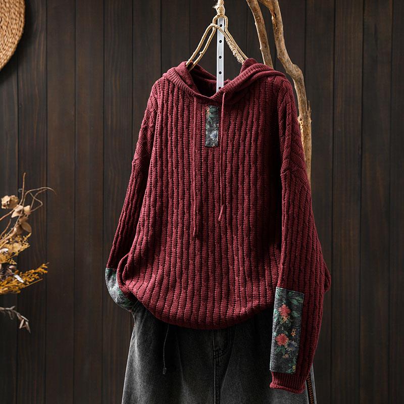 Women's Retro Ethnic Drawstring Hooded Appliqué Knit Cotton Sweater - Loose Plus Size for Spring & Autumn