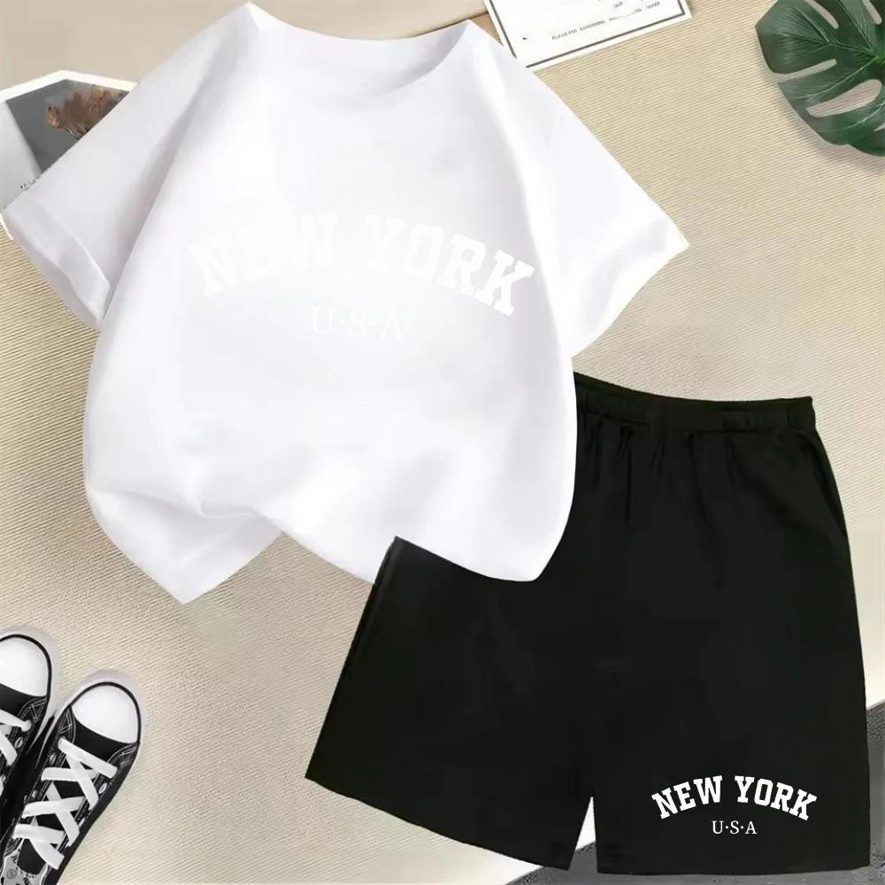 2026 New Kids Boys Girls New York Letter Pattern Polyester T-shirt+Shorts 2-Piece Set Casual Daily