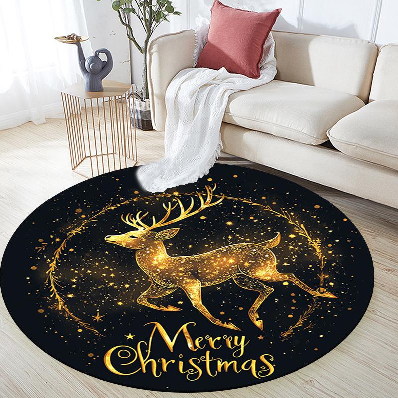 Golden Deer Round Area Rug,Carpet Rug for Living Room Bedroom Sofa Playroom Decor,Non-slip Floor Mat