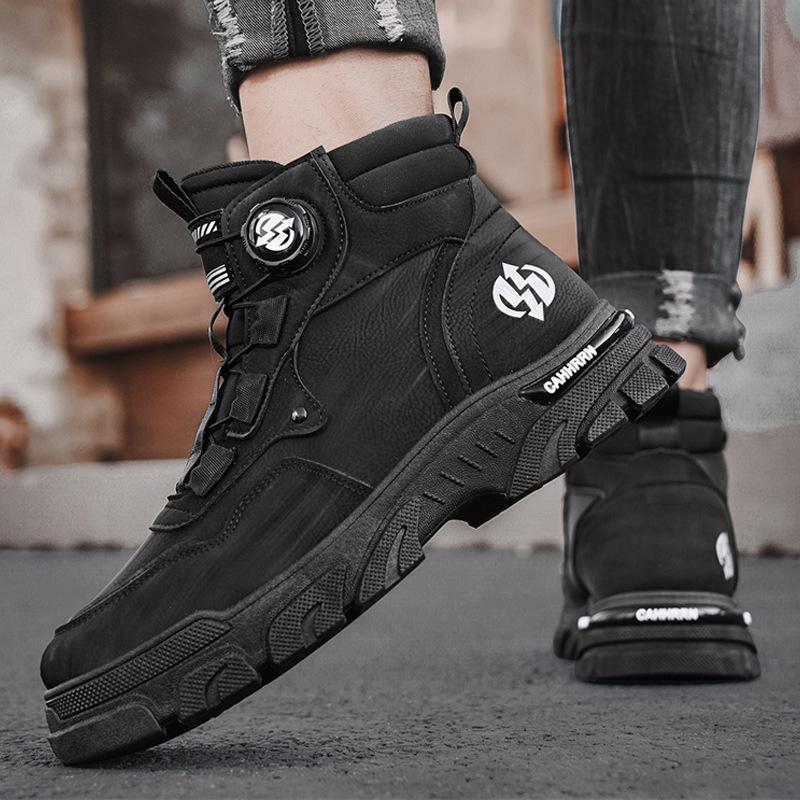 Autumn and winter new leather swivel buckle shoes outdoor non-slip thick-soled high-top casual shoes
