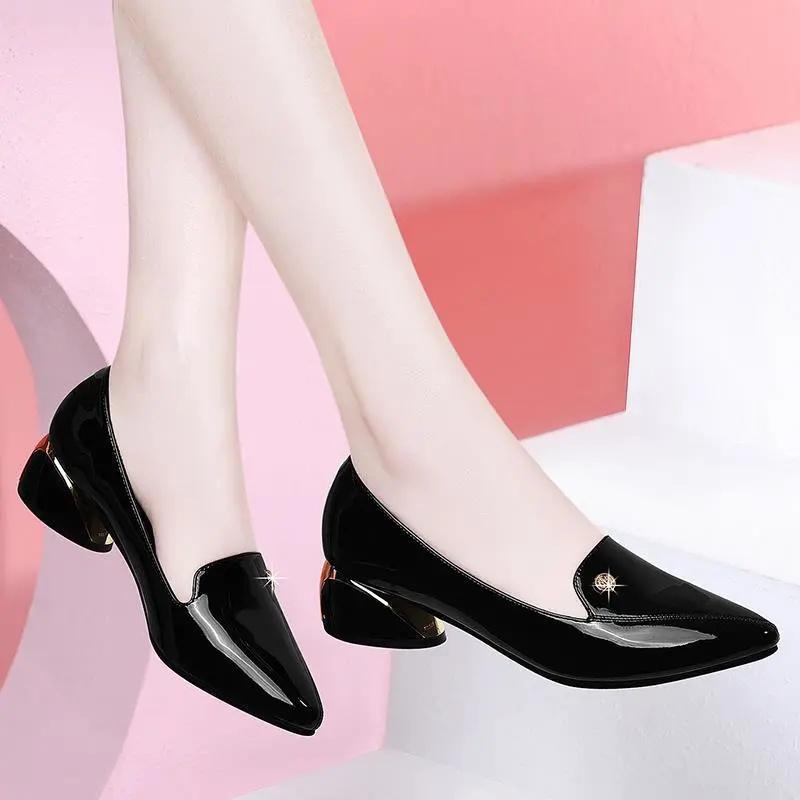 Sapatos Femininas Women Casual Black Pointed Toe Square Heel Shoes Lady Fashion Comfort Office Career Nurse Heel Pumps Ab275