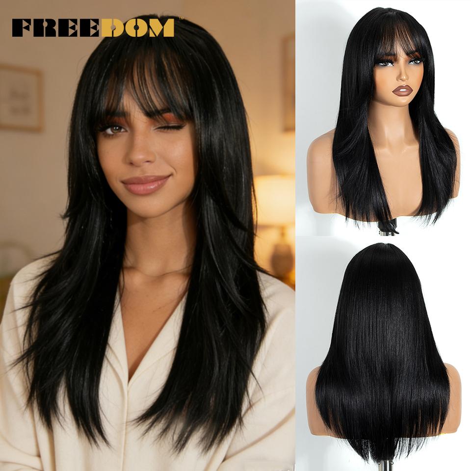 

FREEDOM Synthetic Lace Front Wigs For Women Straight Layered Pre-cut Lace Wig With Bangs 20 Ombre Brown Blonde Pink Cosplay Wig (as the picture,20inches)