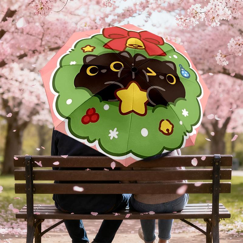 Christmas Cat Wreath Umbrella: A Festive, Auto-Opening Protection for Outdoor Adventures and Travel Gifts 050