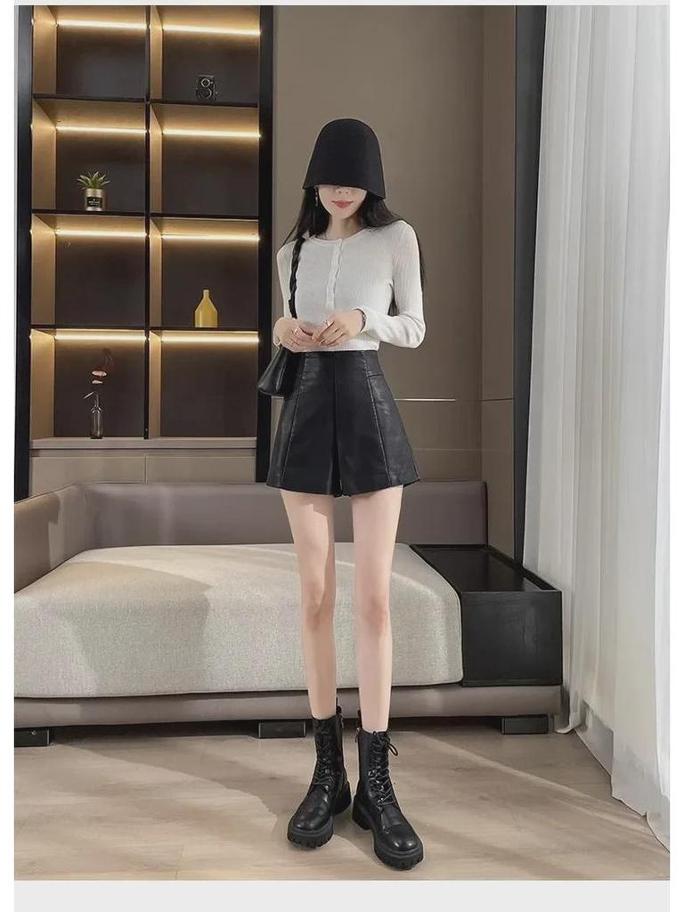 2024 Women's High-Waist PU Leather A-Line Wide-Leg Shorts for Autumn & Winter - Versatile Outdoor Wear