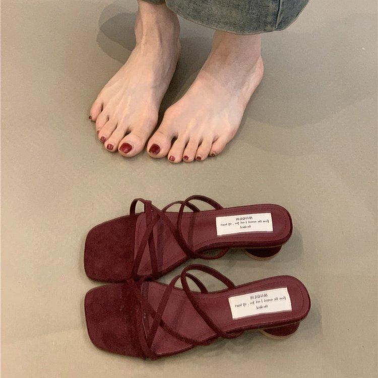 Soft Leather Version~ French Gentle Thick-heeled Sandals Female Evening Breeze with Skirt Open-toed Fairy Square Head with Cool Slippers