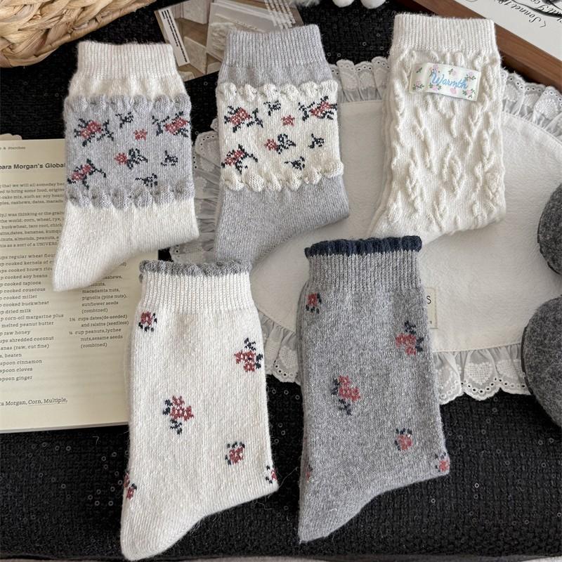 Floral Wool Socks - Children's Autumn and Winter Woolen Textured Mid-length Socks with Added Thickness for Warmth. Trendy Pile Socks for Winter.