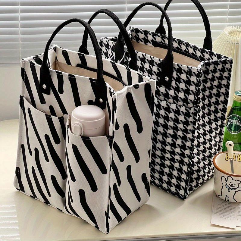 Thick Polyester Tote Bag Large Capacity Minimalist Plaid Pattern with Zipper Closure, Reinforced Handles for Work, Shopping & Daily Essentials