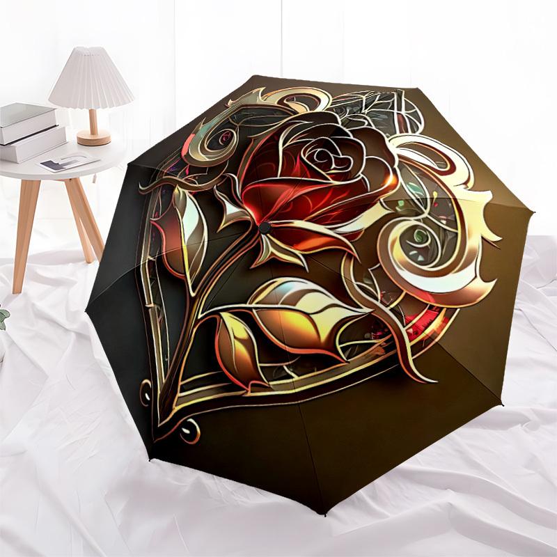 1pc Rose Ornament Automatic Folding Umbrella with 8 Bones, 3-Fold Compact Umbrella, Compact Design On-the-Go Essential, Casual Outdoor Acces