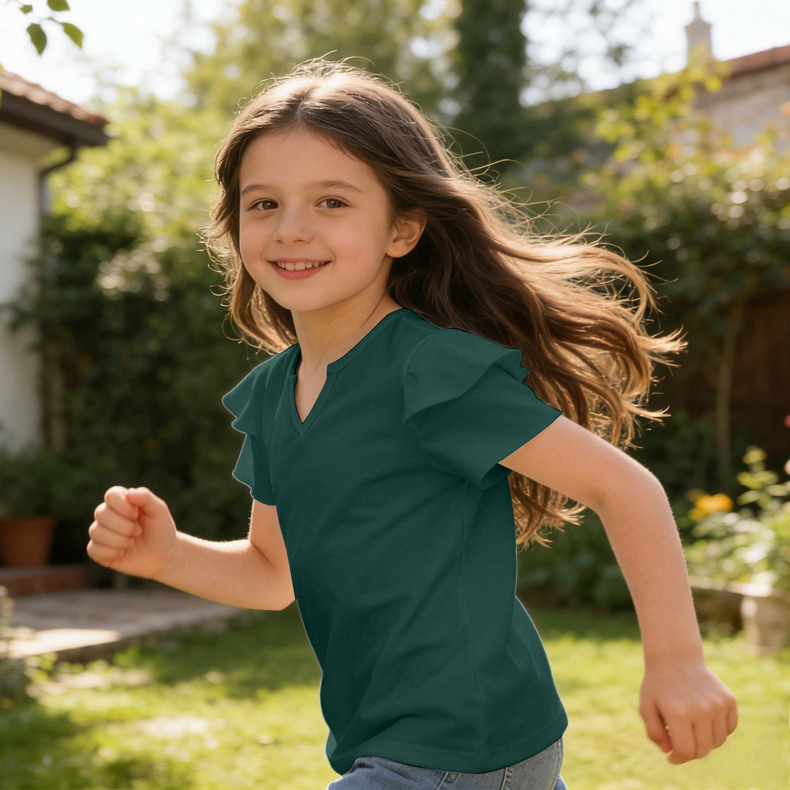 Girls  V-Neck Ruffle Tee - Short Sleeve Summer Blouse 100 армия зеленый
