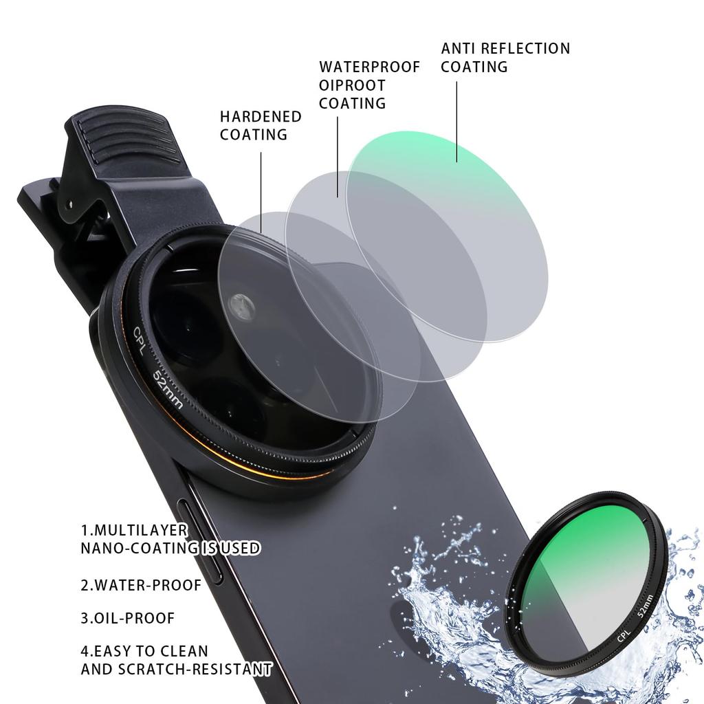 52mm Circular Polarizing Ultra Slim CPL Lens Phone Camera Filter Compatible with iPhone Google and Other Smartphones Filter, Multi-Coated Filter,
