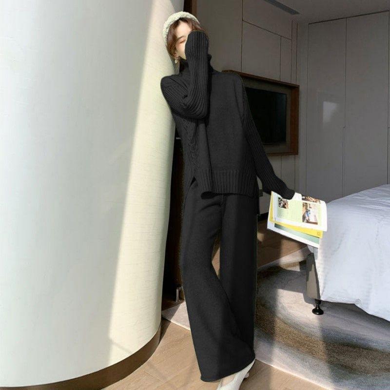 Podzim Zima Volný Ležérní Svetr Kalhoty se Širokými Nohavicemi Dvoudílný Set Ženy Líný Styl Hong Kongská Móda