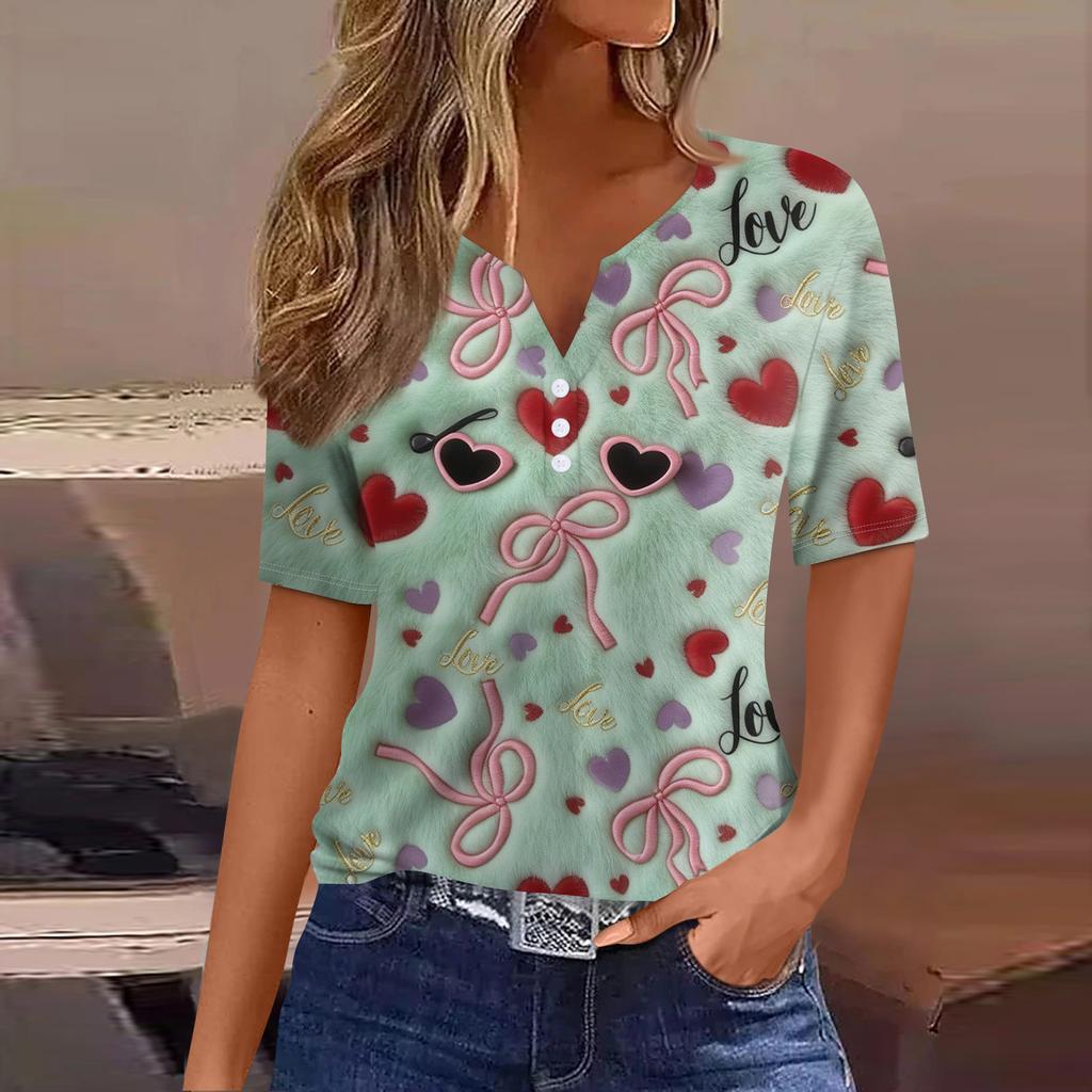 Women's Fashion Casual V,Neck Short,Sleeve T,Shirt With Decorative Buttons And Valentine's Day Print Top