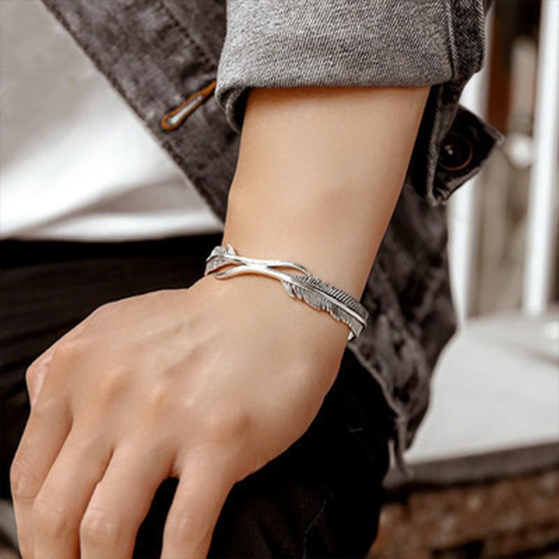 PANJBJ 925 Sterling Silver Feather Adjustable Couple Bangle Gothic Punk Design Women Jewelry Gift Lucky Bracelet Dropshipping