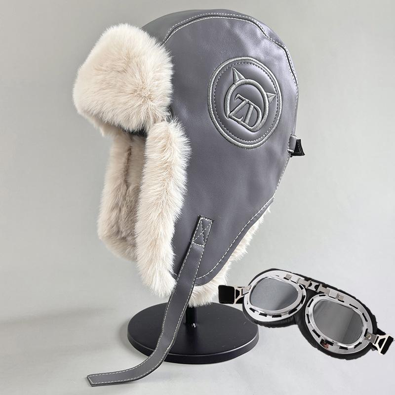 Pu Leather Lei Feng Hat, Northeast Velvet Cotton Hat, Men's and Women's Winter Cold and Windproof Cycling Ear Protection Hat Tide