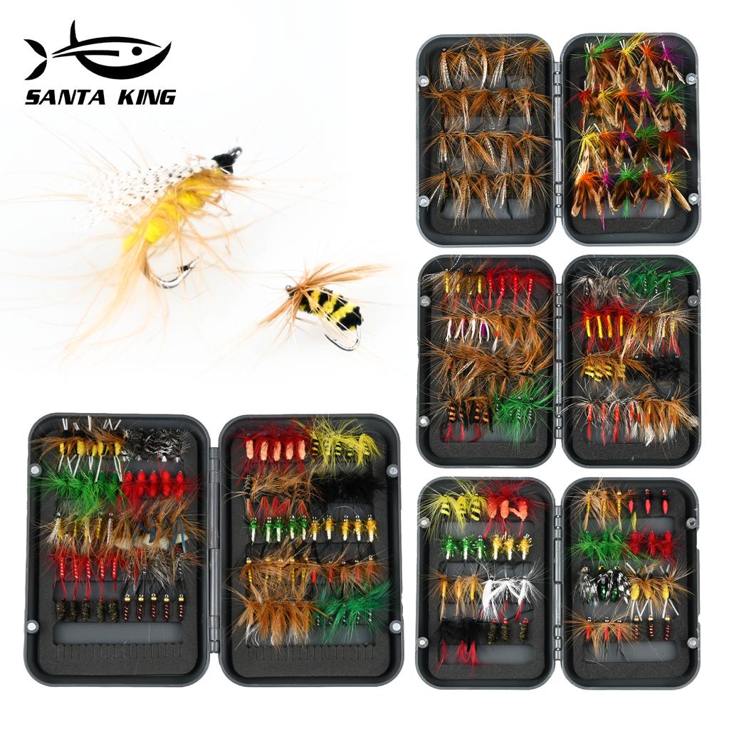 Santa King Fly Fishing Lures Kit with Box Nymph Bead head Wet Fishing Dry Flies for Trout Bass Salmon