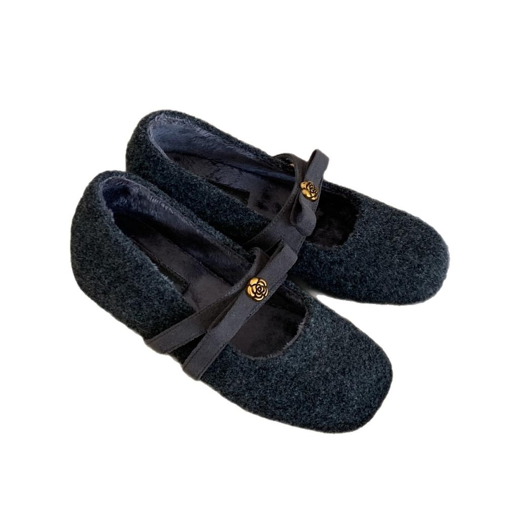 Xiaoxiangfeng Mary Jane Mao Mao shoes women's 2025 new inner height increase woolen single shoes one pedal bow cotton shoes