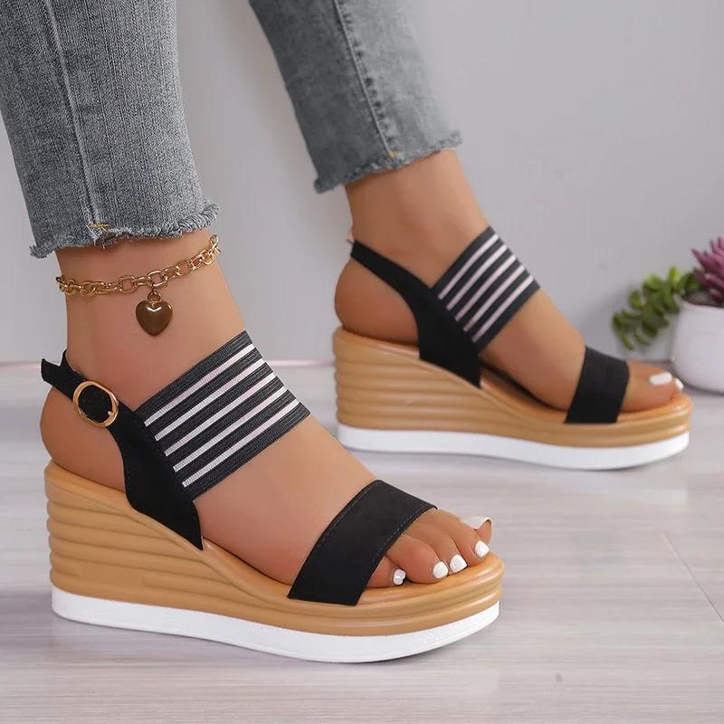 

Rimocy Summer New All-Match Wedge Heel Fish Mouth Women s Shoes Super High Heel Sandals Platform Height Increase Sandals 42 чёрный