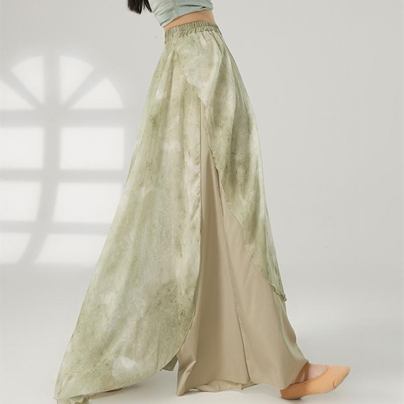 

Women Classical Dance Pant Spliced Chiffon Skirt Wide Leg Elegant Trousers Loose Chinese Folk Training Costume Casual Dancewear L