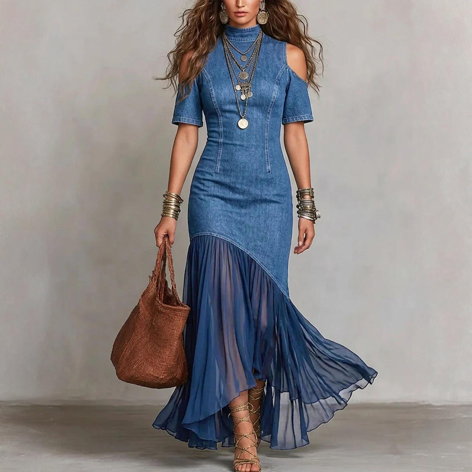 

Ladies Casual And Fashionable Off Shoulder Short Sleeved Mesh Hem Dress XXL синий