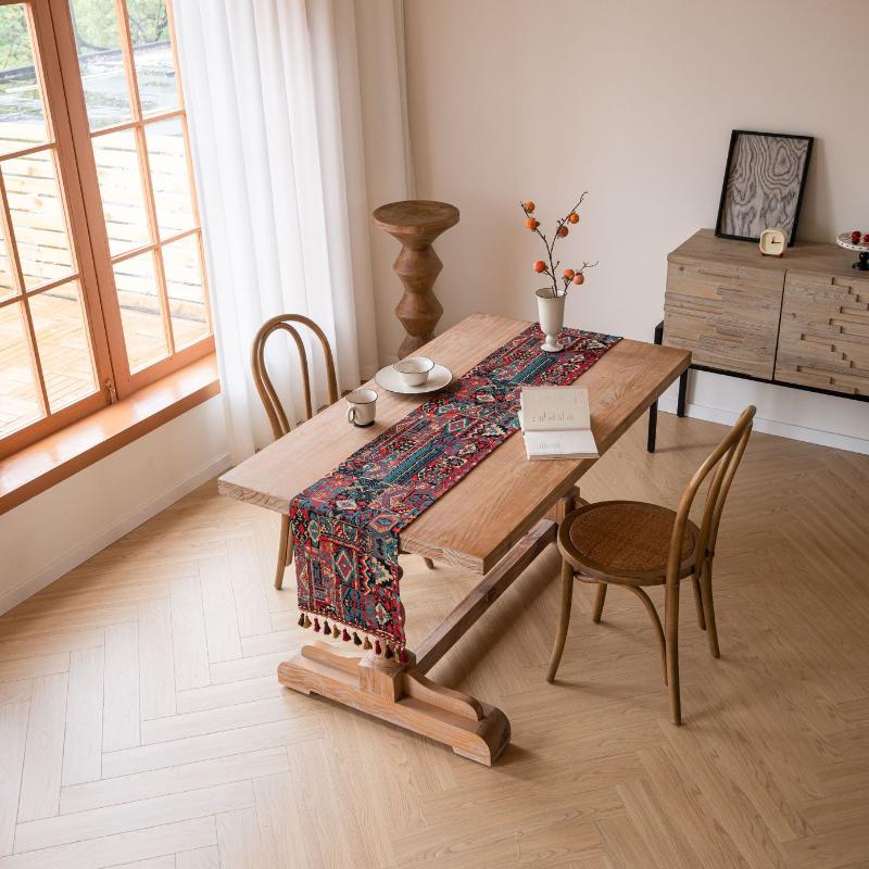 Jacquard Ethnic Style Red Tassels Table Runner, Christmas Kitchen Dining Table Decoration for Home Party Festival