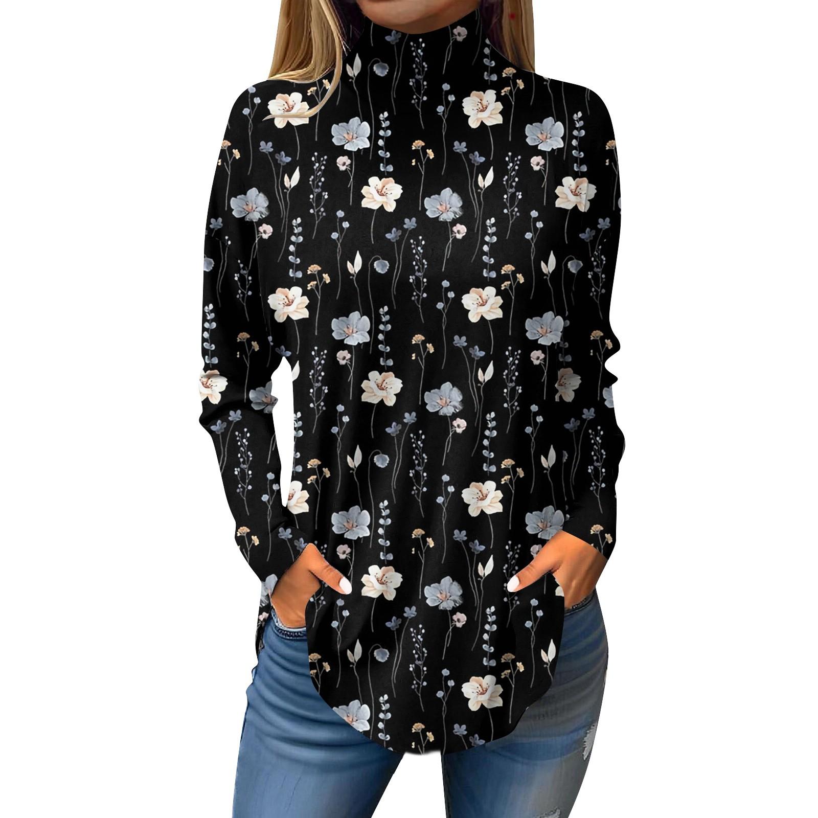 Женская модная повседневная футболка с длинным рукавом с высоким воротом и принтом — фото 3