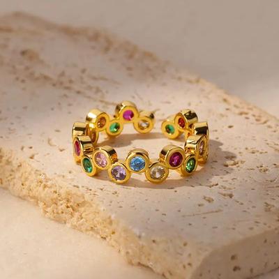 Round Rainbow Zircon Rings For Women Stainless Steel Gold Color Evil Eye Ring Bling Couple Waterproof Aesthetic Jewelry Gift