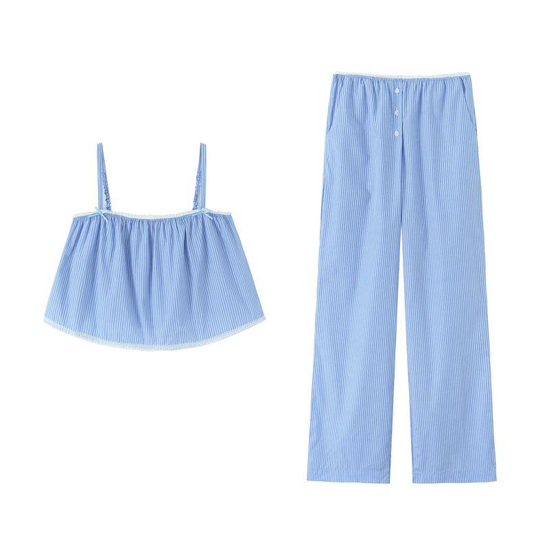 Retro Style Stripes Bows Decorative Sling Tops Casual Elastic Waist Shorts Loose-Fitting Wide-Leg Trousers