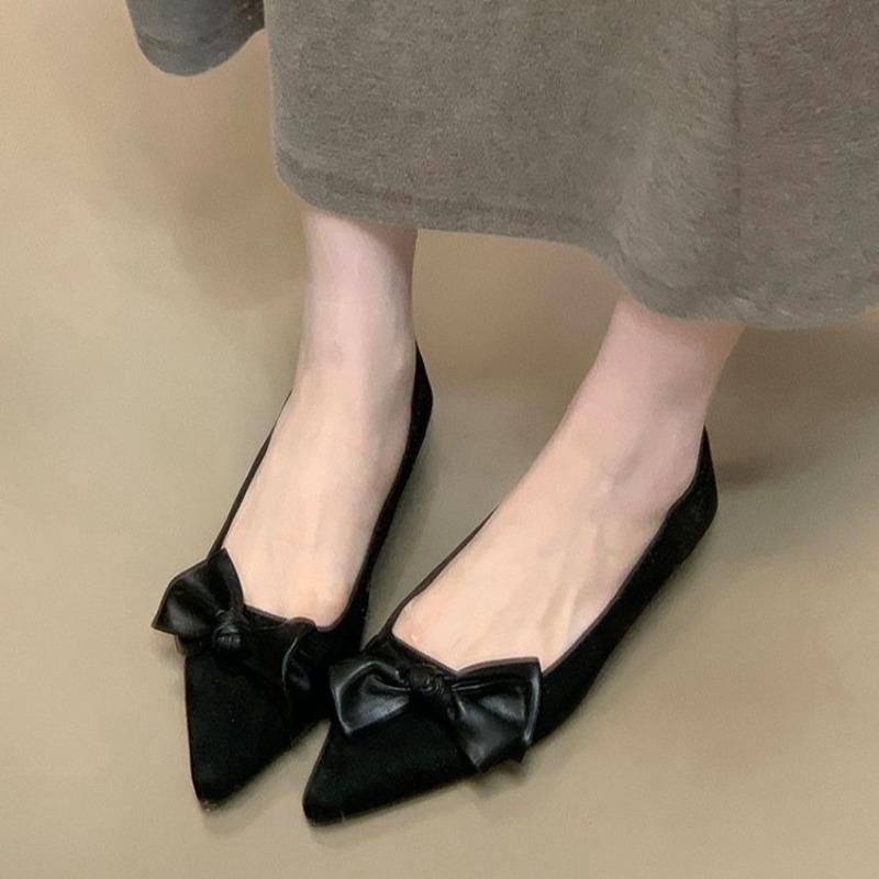 Fashion Low Heeled Single Shoes Autumn New Pointed Toe Suede Bow Soft Sole Soft Side Non-Slip Low Top Shoes