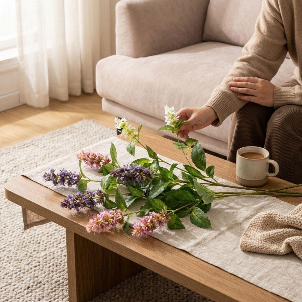 3 Head Artificial Pogostemon Stem Spike Flower Simulation Pogostemon Silk Faux Flower  Table Decor