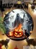 Halloween Ghost Black Cat Pumpkin Round Wooden Hanging Sign, 2D Flat Printed Front Door Decor, Full Moon Bat Cemetery Wall Ornament Gift