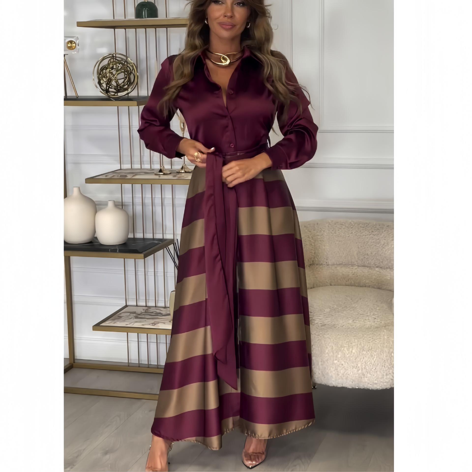

Women s Long Sleeve Tie-Up Striped Two-Piece Dress XL